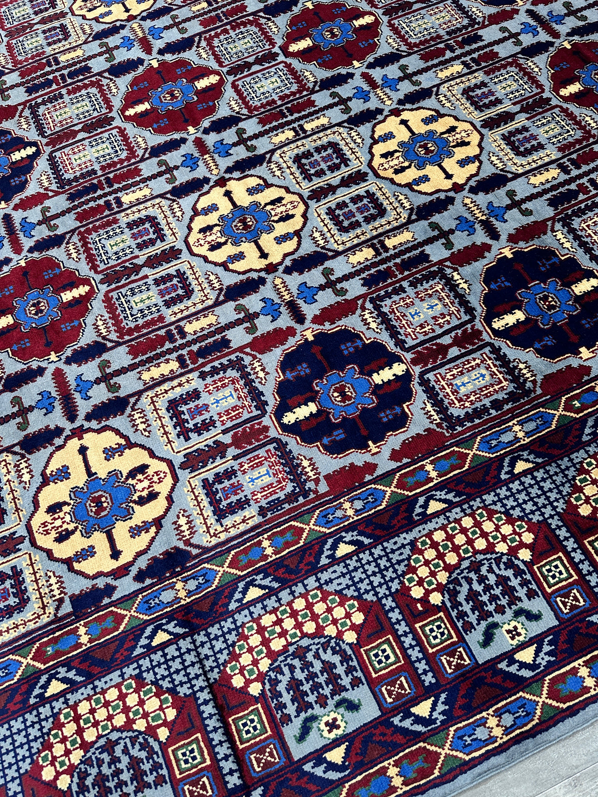 Afghan Gandom Rug 8'2" x 11'6", Hand-Knotted Wool, Red, Beige & Navy, view 11