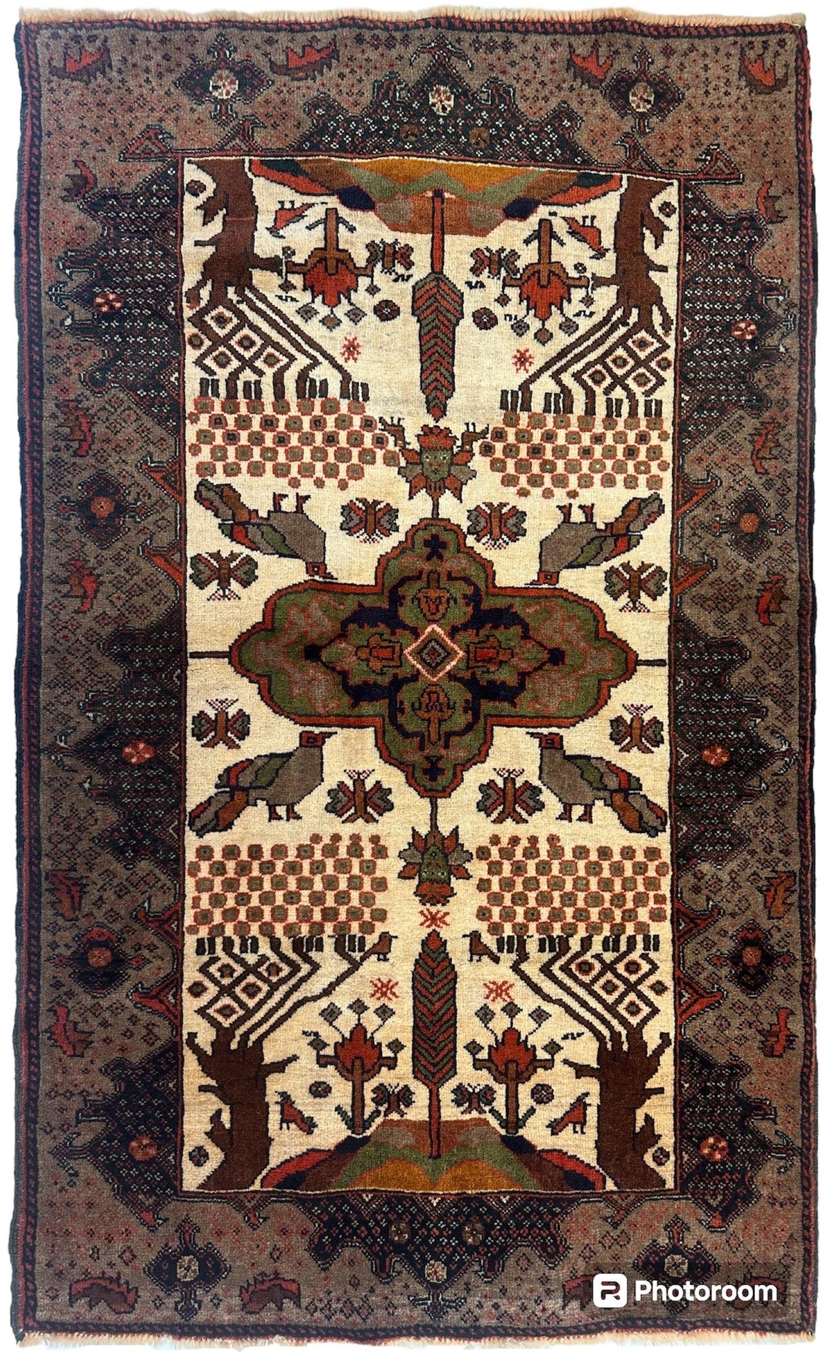 Vintage Persian Baluch Rug 2'10" x 4'8", Hand-Knotted Wool, 1940s