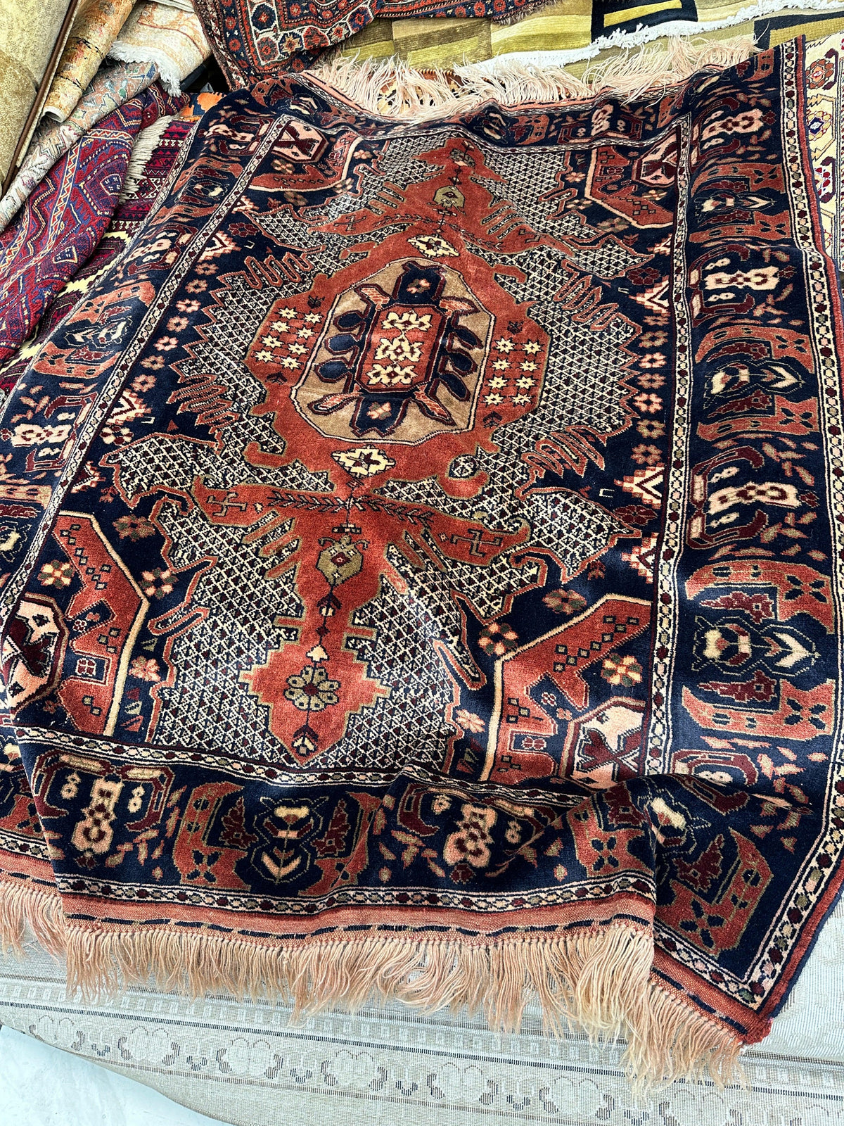 Afghan Rug 4x6 | Navy, Rust & Ivory | Hand-Knotted Wool | 4'4" x 5'7"