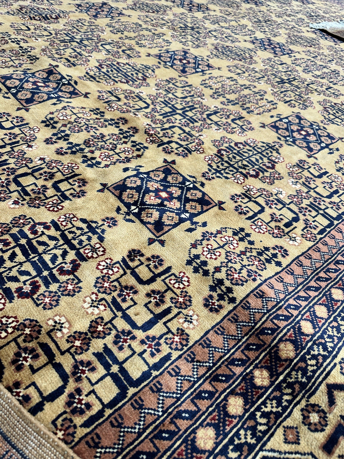 Afghan Turkmen Rug 8x12, Gold, Navy & Ivory, Hand-Knotted Wool, view 6
