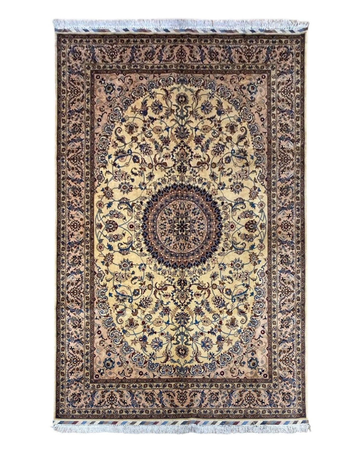 Afghan Nain Rug 7x10 | Hand-Knotted Belgian Wool | Beige, Brown & Navy Medallion