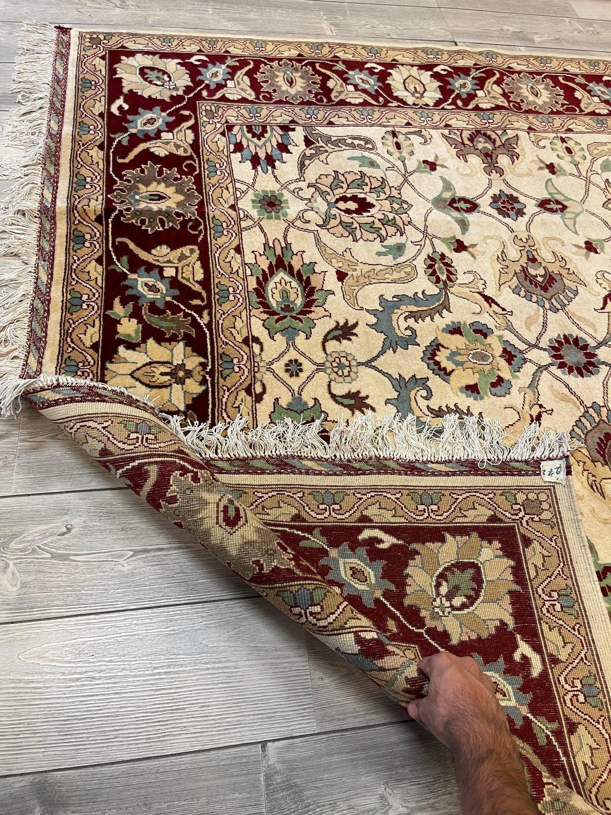 Afghan Rug 7x10, Ivory, Burgundy & Light Blue, Hand-Knotted Wool, view 4