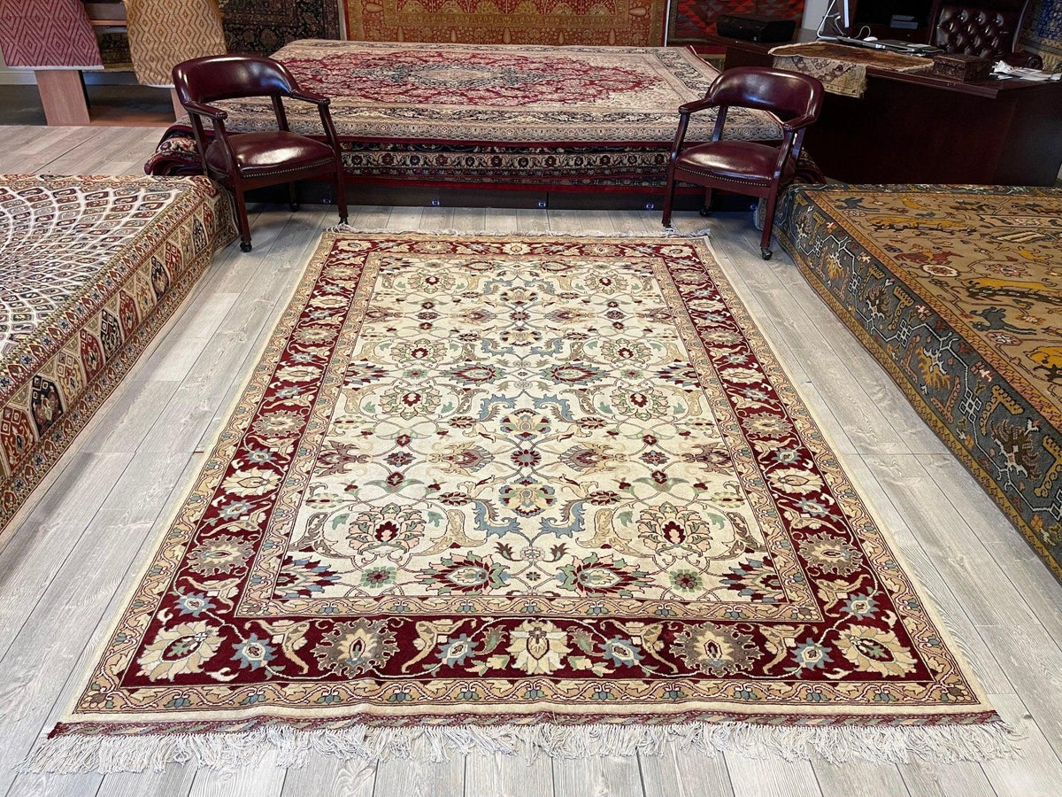 Afghan Rug 7x10, Ivory, Burgundy & Light Blue, Hand-Knotted Wool, view 3