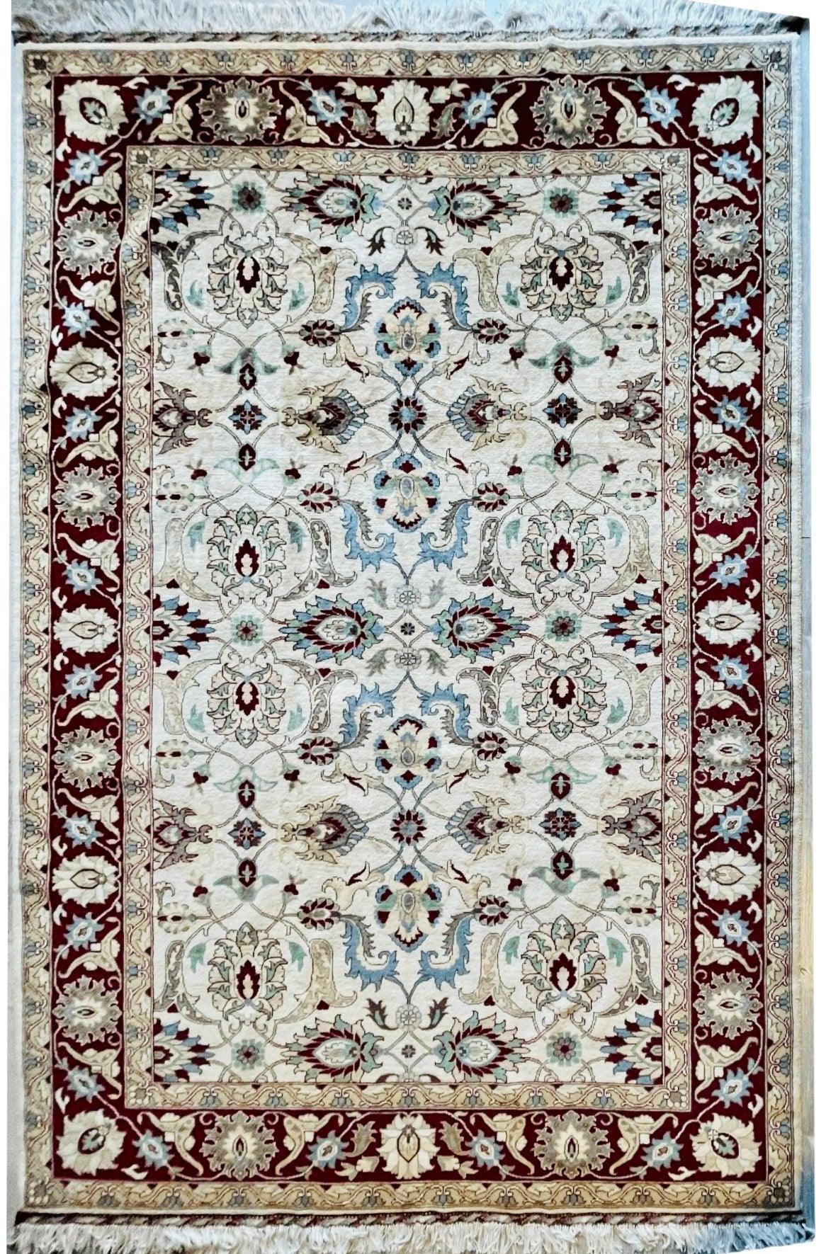 Afghan Rug 7x10, Ivory, Burgundy & Light Blue, Hand-Knotted Wool