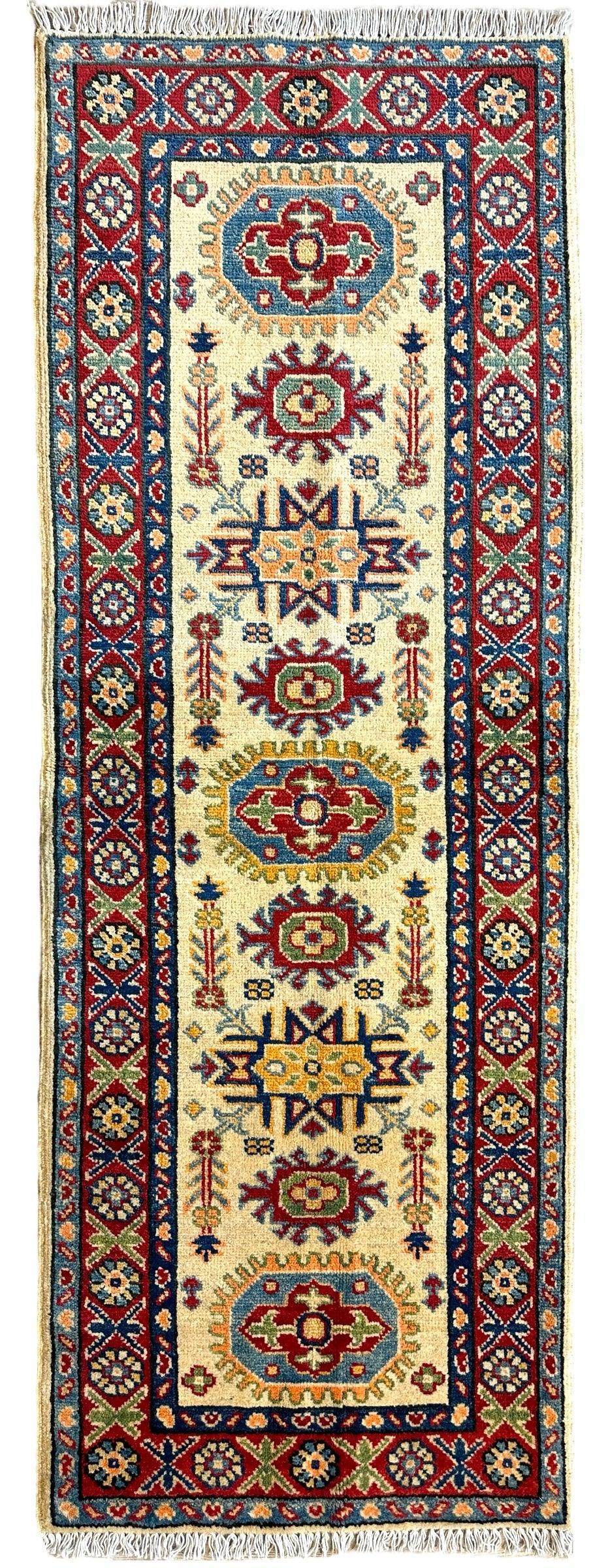 Afghan Super Kazak Runner 2'2" x 6', Hand-Knotted Wool, Beige & Blue