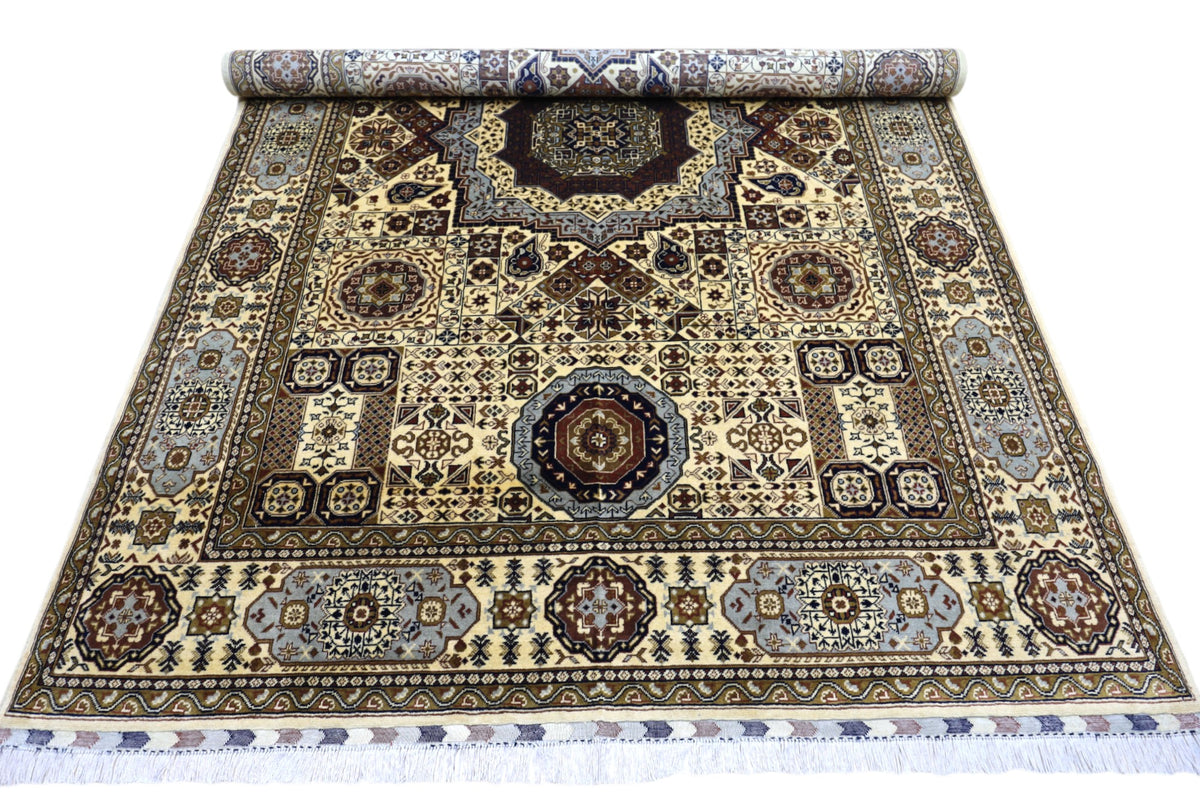 Afghan Mamluk Rug 7x10, Ivory, Beige & Brown, Hand-Knotted Wool, view 4