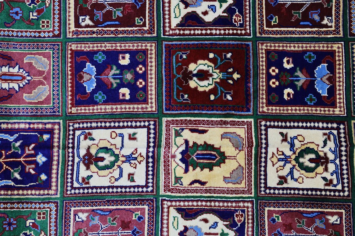 Afghan Bakhtiari Rug 7x9, Green, Red & Navy, Hand-Knotted Wool, view 4