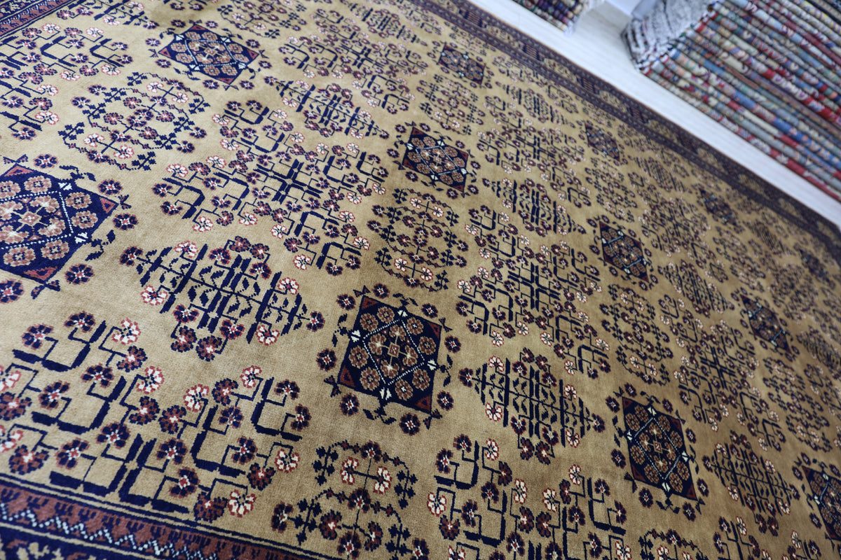 Afghan Turkmen Rug 7x10, Beige, Navy & Gold, Hand-Knotted Wool, view 4