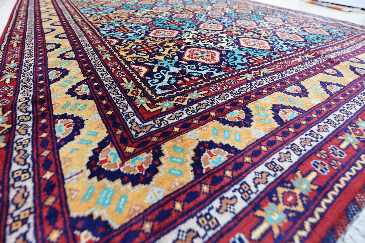 Afghan Rug 7x10, Red, Light Blue & Gold, Hand-Knotted Wool, view 6