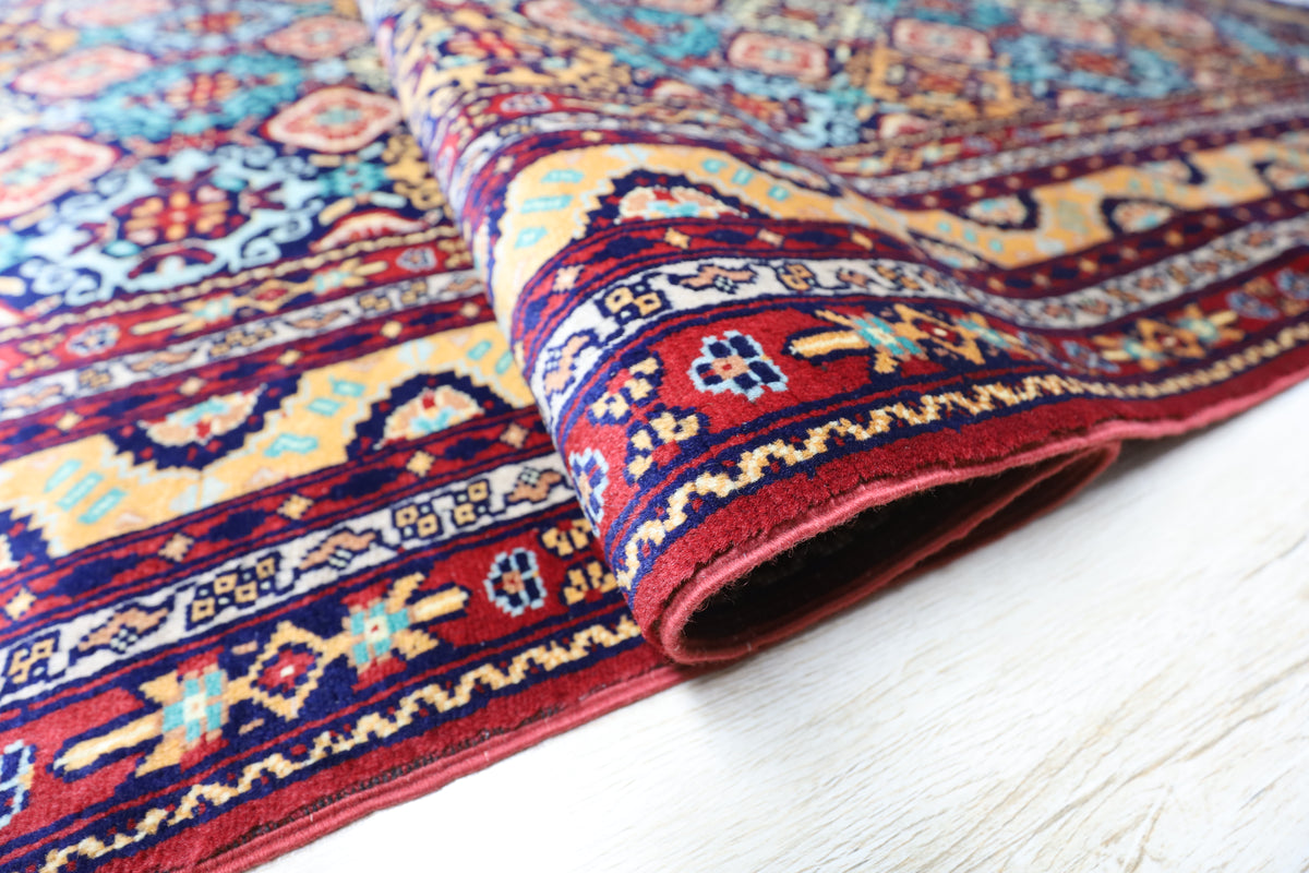 Afghan Rug 7x10, Red, Light Blue & Gold, Hand-Knotted Wool, view 5