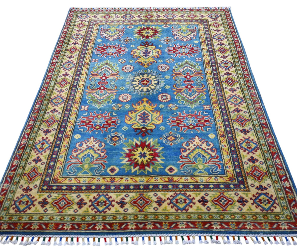 Afghan Kazak Tribal Rug 4x6, Light Blue, Gold, Red & Green, Hand-Knotted Wool, view 3