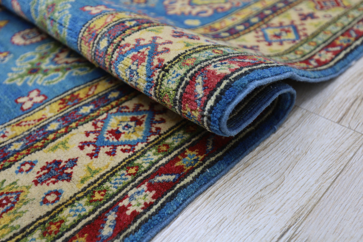 Afghan Kazak Tribal Rug 4x6, Light Blue, Gold, Red & Green, Hand-Knotted Wool, view 5