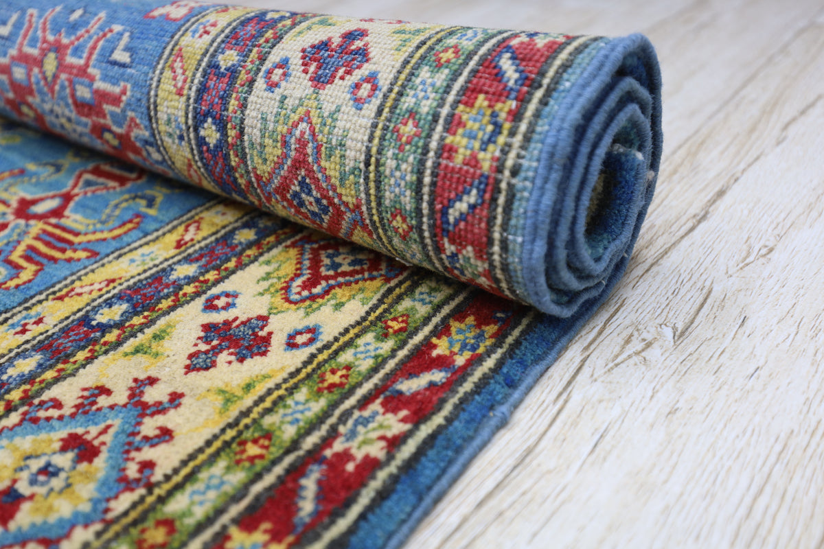 Afghan Kazak Tribal Rug 4x6, Light Blue, Gold, Red & Green, Hand-Knotted Wool, view 6