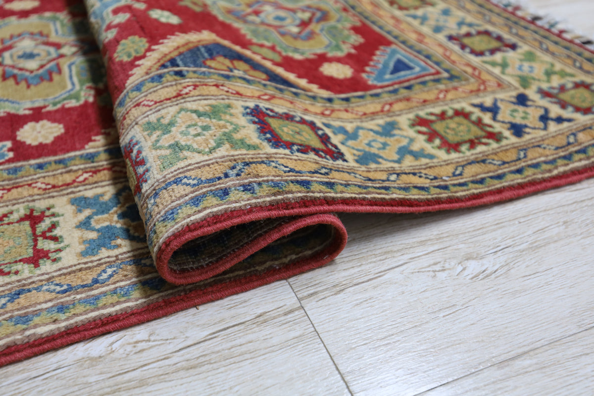 Afghan Kazak Rug 3'3" x 4'10", Hand-Knotted Wool, Red, view 8