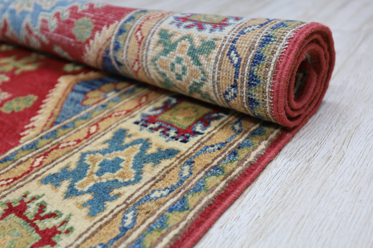 Afghan Kazak Rug 3'3" x 4'10", Hand-Knotted Wool, Red, view 9