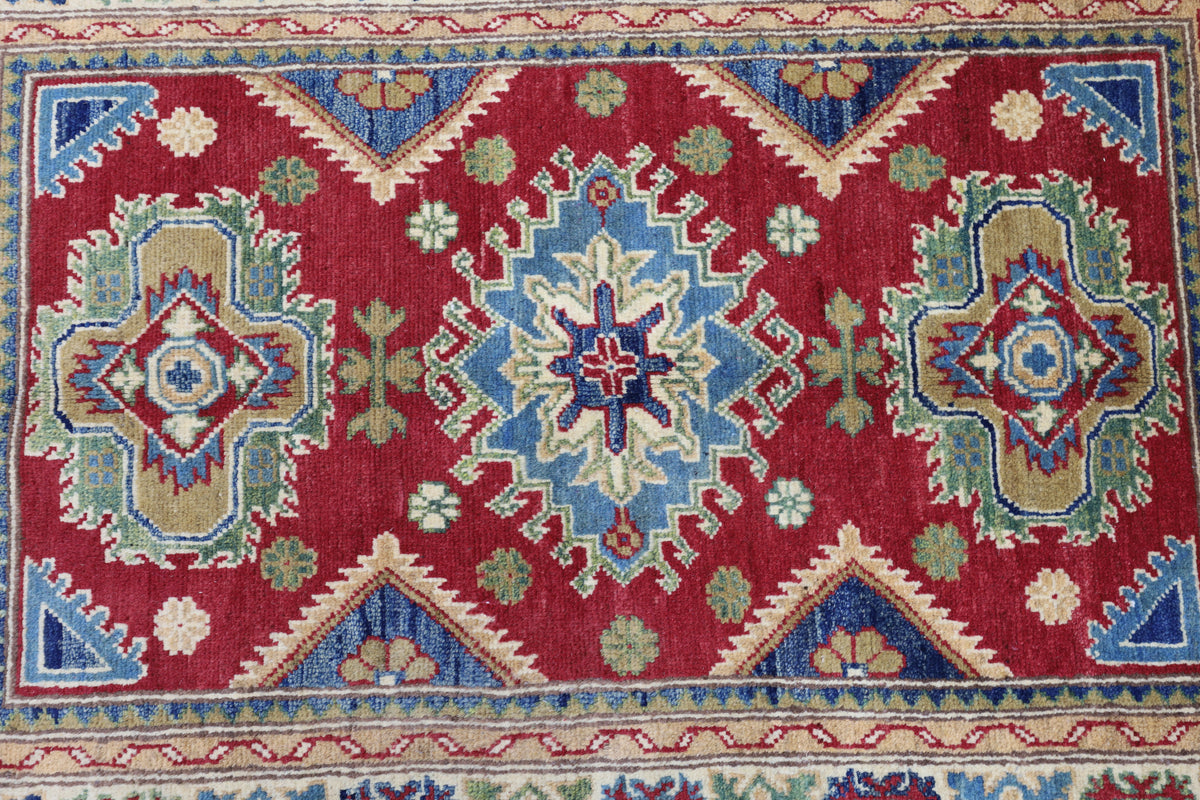 Afghan Kazak Rug 3'3" x 4'10", Hand-Knotted Wool, Red, view 4