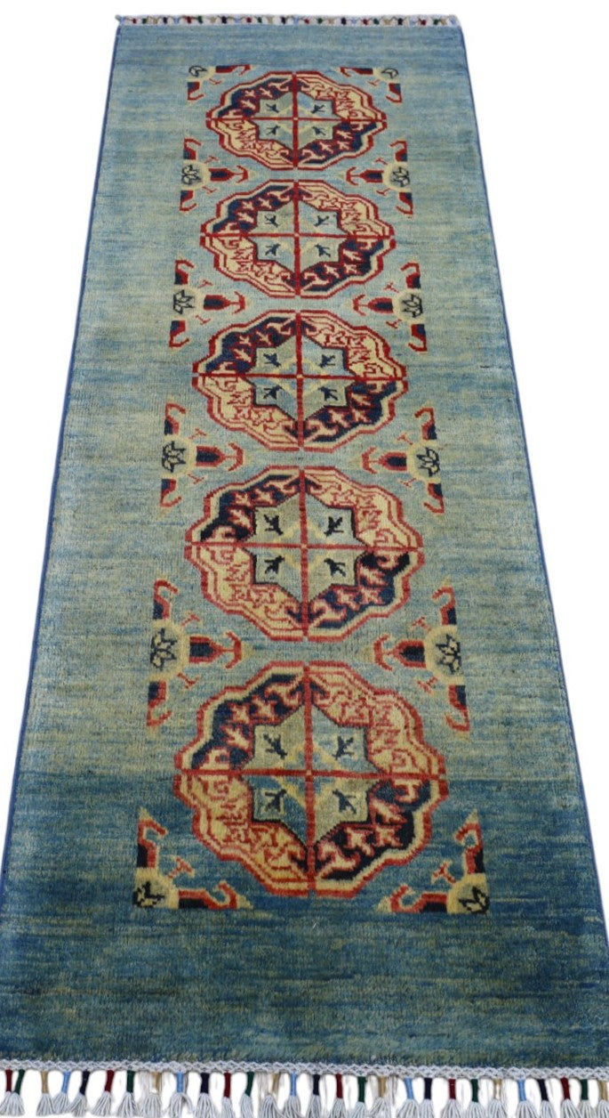 Afghan Kazak Runner 2'1" x 5'7", Hand-Knotted Wool, Green, view 2