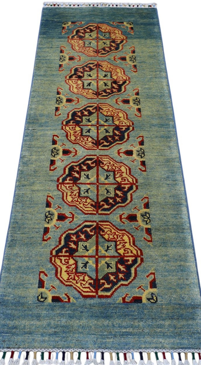 Afghan Kazak Runner 2'1" x 5'7", Hand-Knotted Wool, Green, view 3
