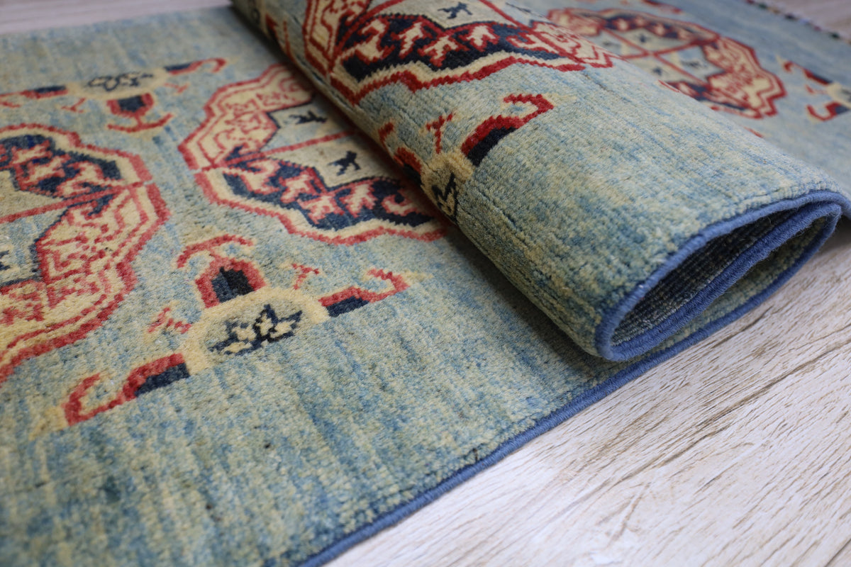Afghan Kazak Runner 2'1" x 5'7", Hand-Knotted Wool, Green, view 8