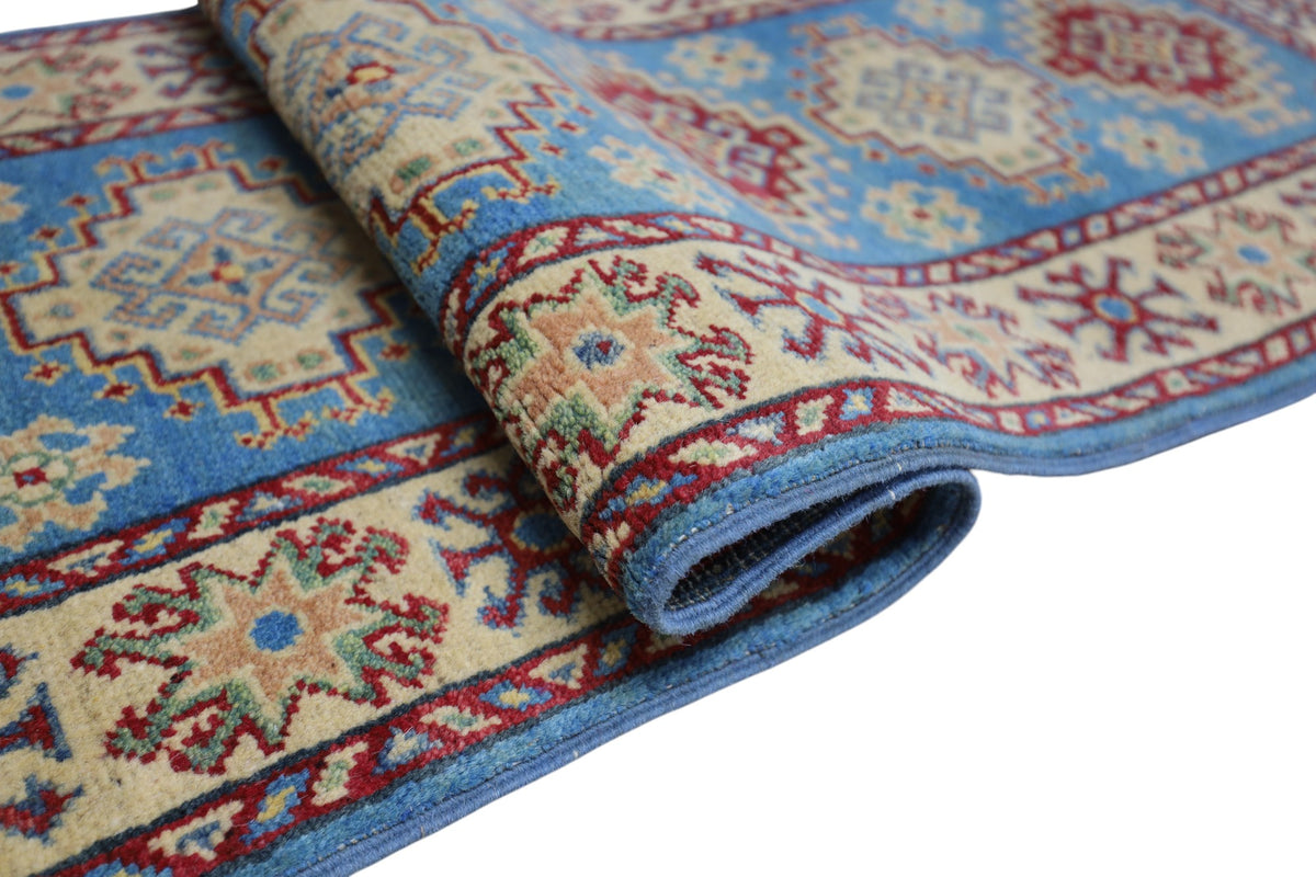 Afghan Kazak Runner 2' x 5'10", Hand-Knotted Wool, Blue, view 5