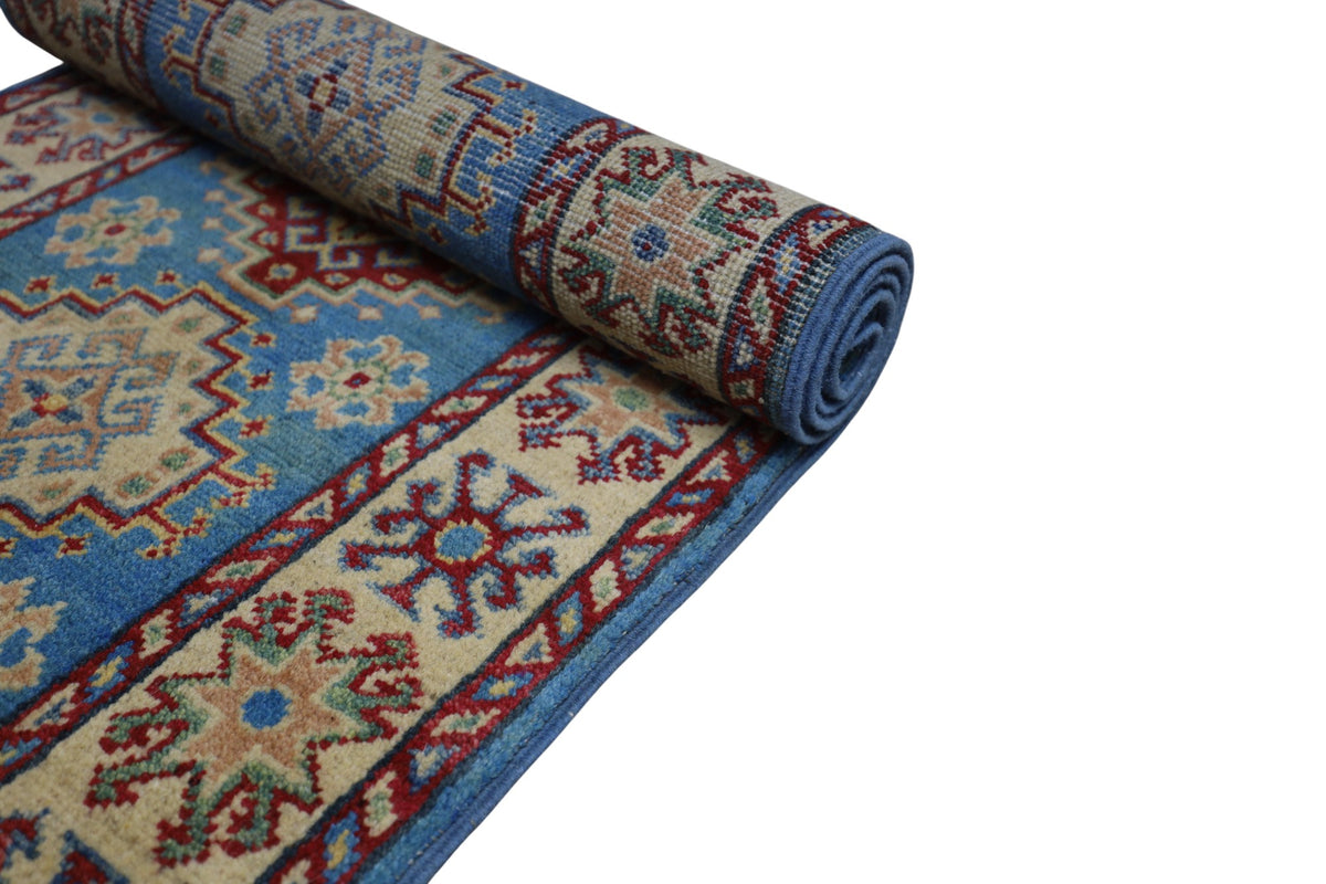 Afghan Kazak Runner 2' x 5'10", Hand-Knotted Wool, Blue, view 6