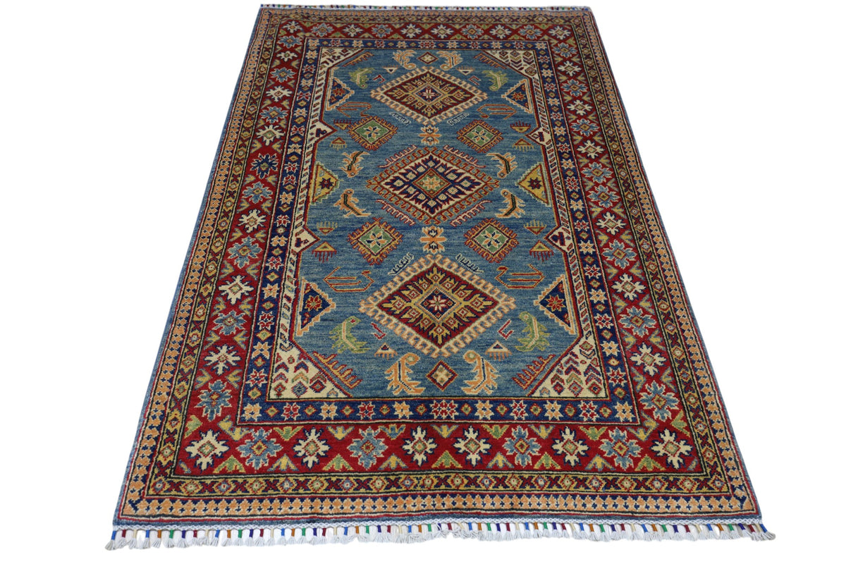 Afghan Kazak Rug 4' x 6'1", Hand-Knotted Wool, Blue, Cream & Red, view 2