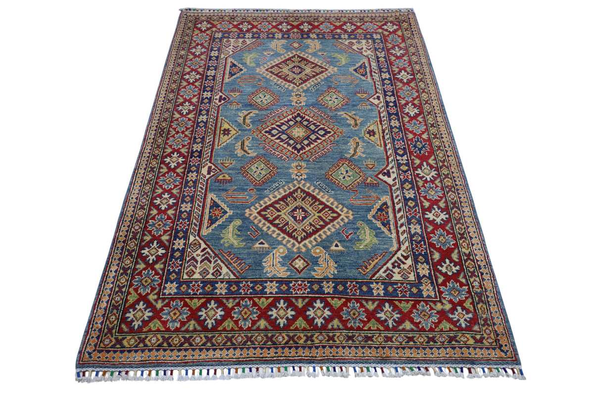 Afghan Kazak Rug 4' x 6'1", Hand-Knotted Wool, Blue, Cream & Red, view 3