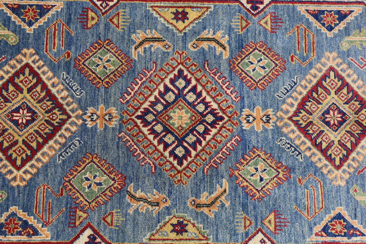 Afghan Kazak Rug 4' x 6'1", Hand-Knotted Wool, Blue, Cream & Red, view 9