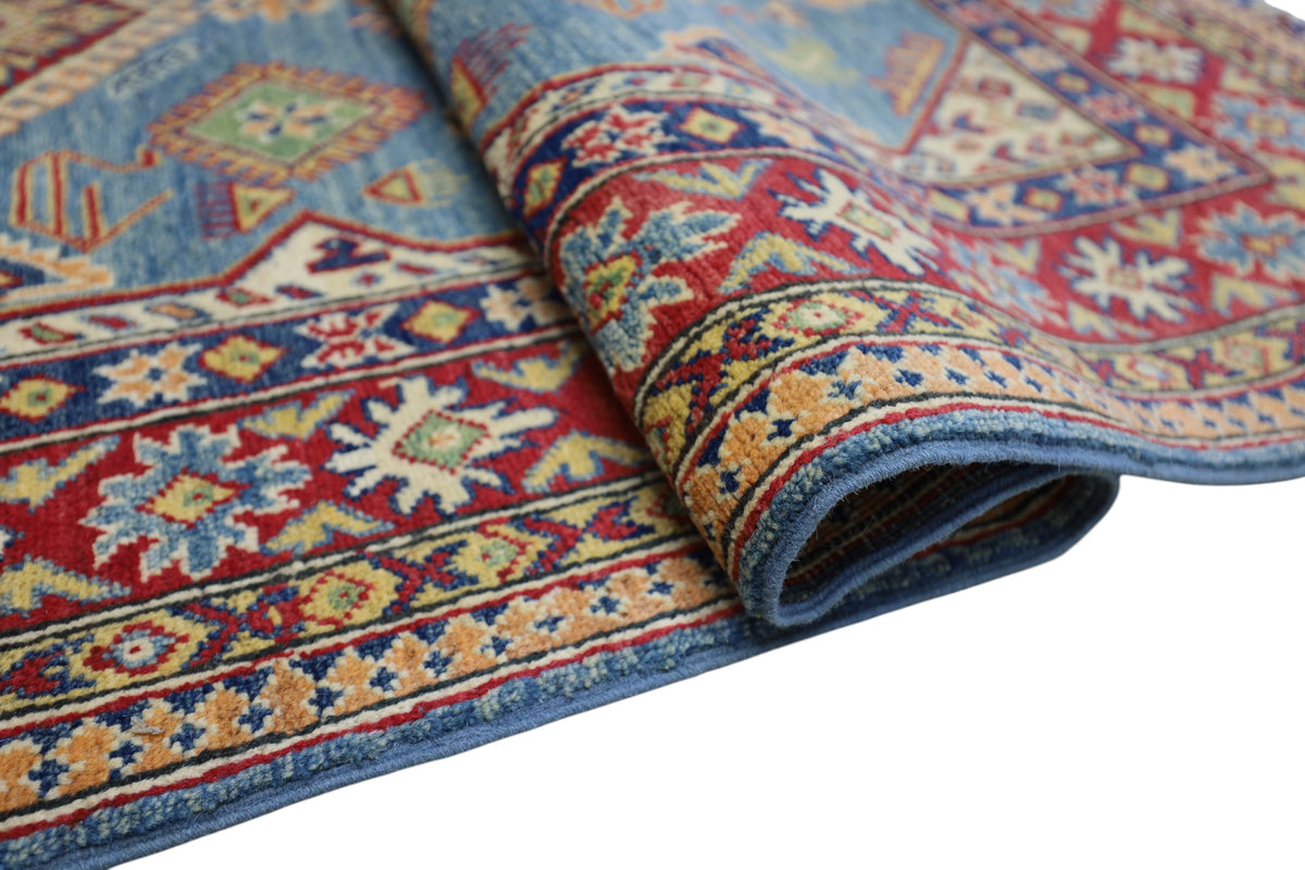 Afghan Kazak Rug 4' x 6'1", Hand-Knotted Wool, Blue, Cream & Red, view 4