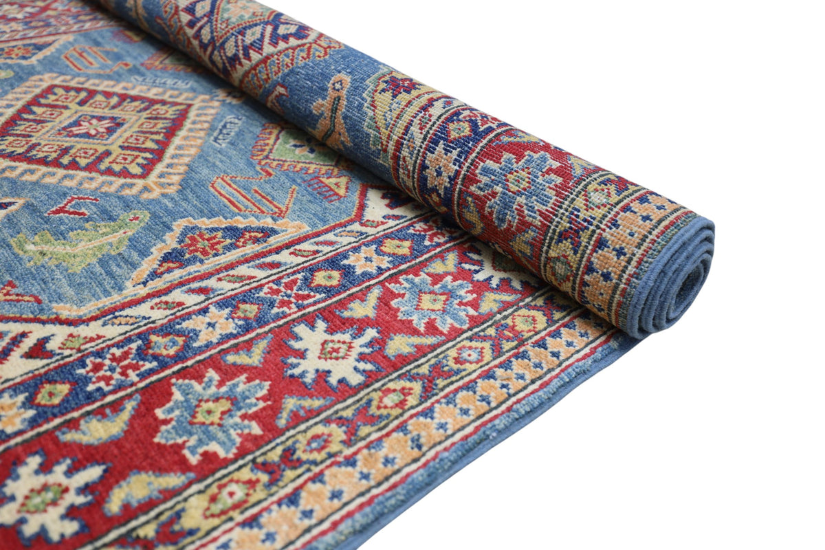 Afghan Kazak Rug 4' x 6'1", Hand-Knotted Wool, Blue, Cream & Red, view 5