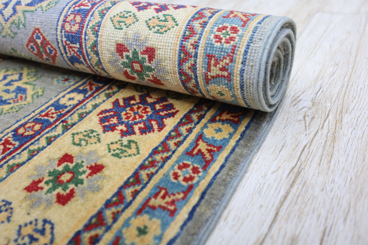 Afghan Kazak Rug 3'11" x 5'6", Hand-Knotted Wool, Beige, view 7