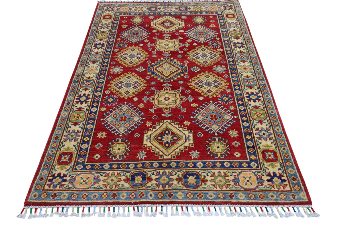 Afghan Kazak Rug 3'10" x 6', Hand-Knotted Wool, Red, view 3