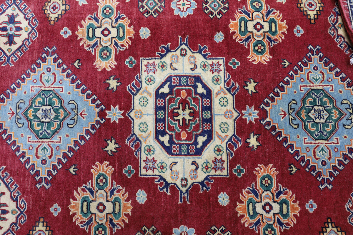 Afghan Kazak Rug 4'10" x 6'6", Hand-Knotted Wool, Red, view 4