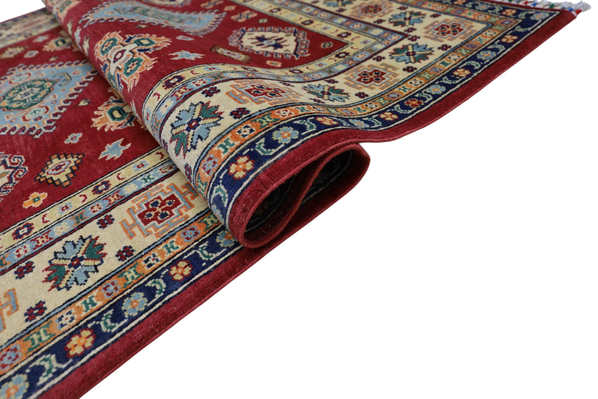 Afghan Kazak Rug 4'10" x 6'6", Hand-Knotted Wool, Red, view 5