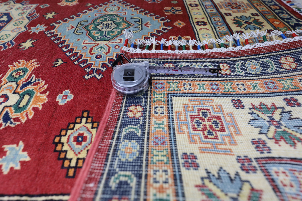 Afghan Kazak Rug 4'10" x 6'6", Hand-Knotted Wool, Red, view 8