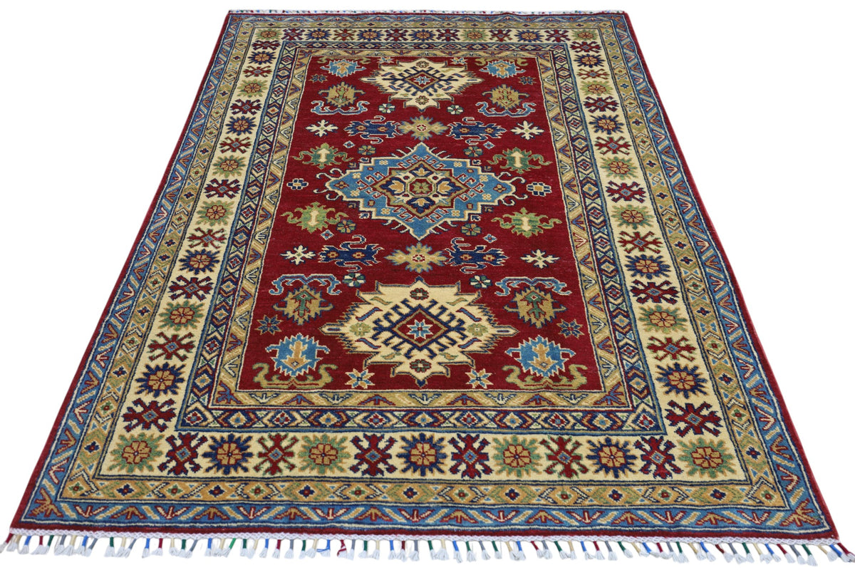 Afghan Kazak Rug 4'9" x 6'8", Hand-Knotted Wool, Red, view 2