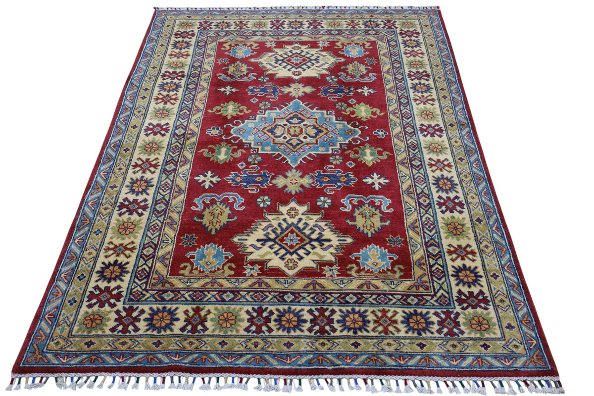 Afghan Kazak Rug 4'9" x 6'8", Hand-Knotted Wool, Red, view 3