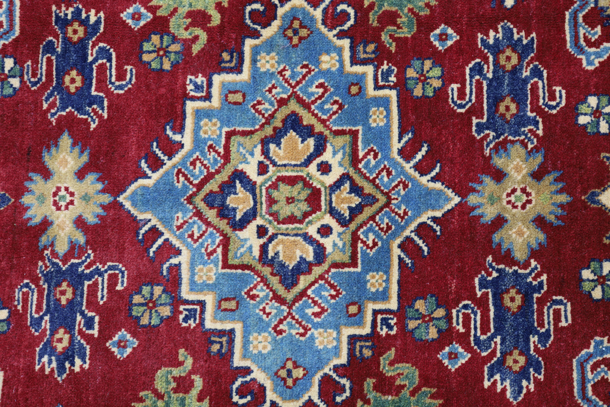 Afghan Kazak Rug 4'9" x 6'8", Hand-Knotted Wool, Red, view 4