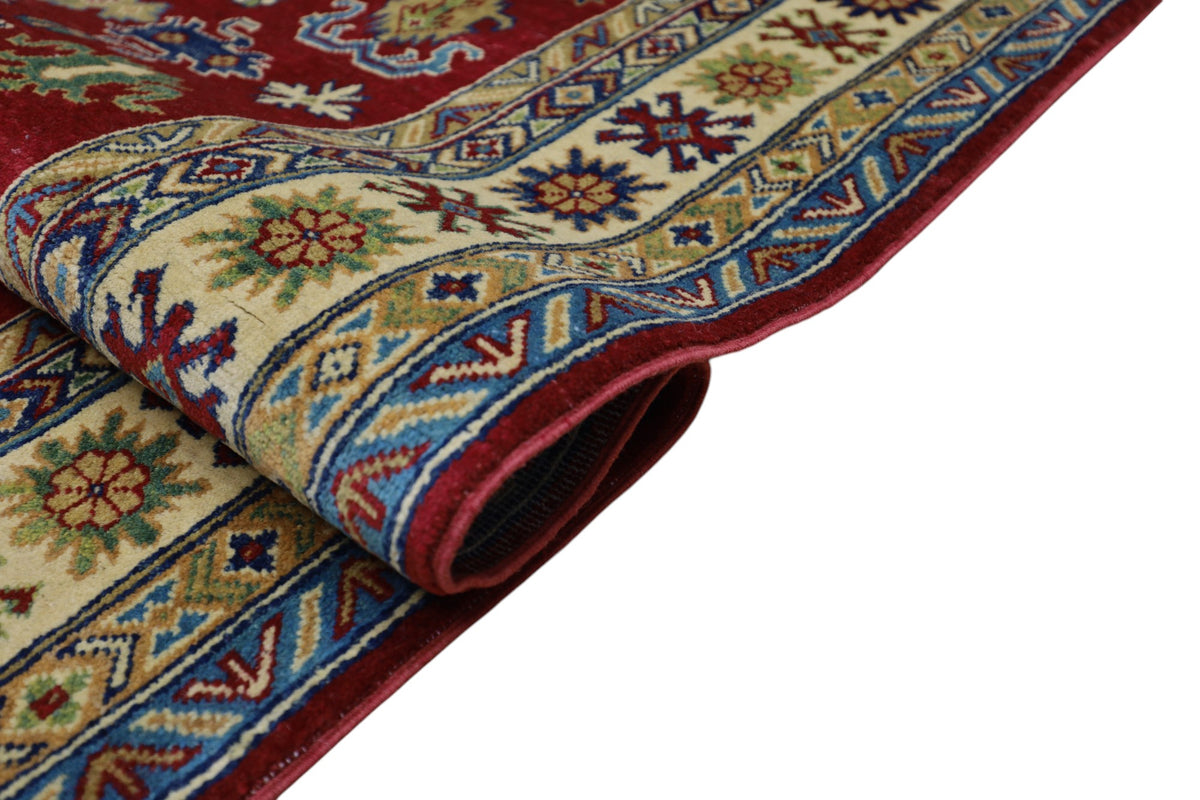 Afghan Kazak Rug 4'9" x 6'8", Hand-Knotted Wool, Red, view 6