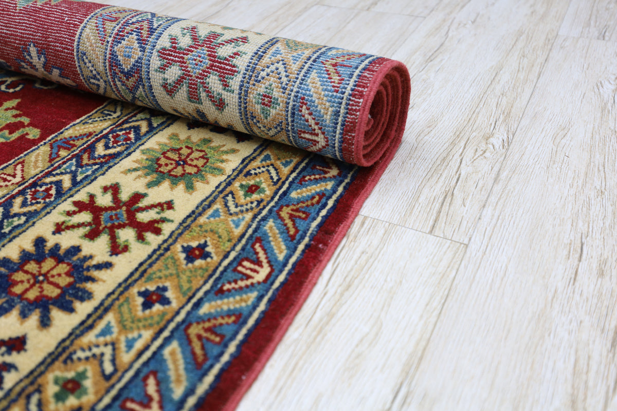 Afghan Kazak Rug 4'9" x 6'8", Hand-Knotted Wool, Red, view 7