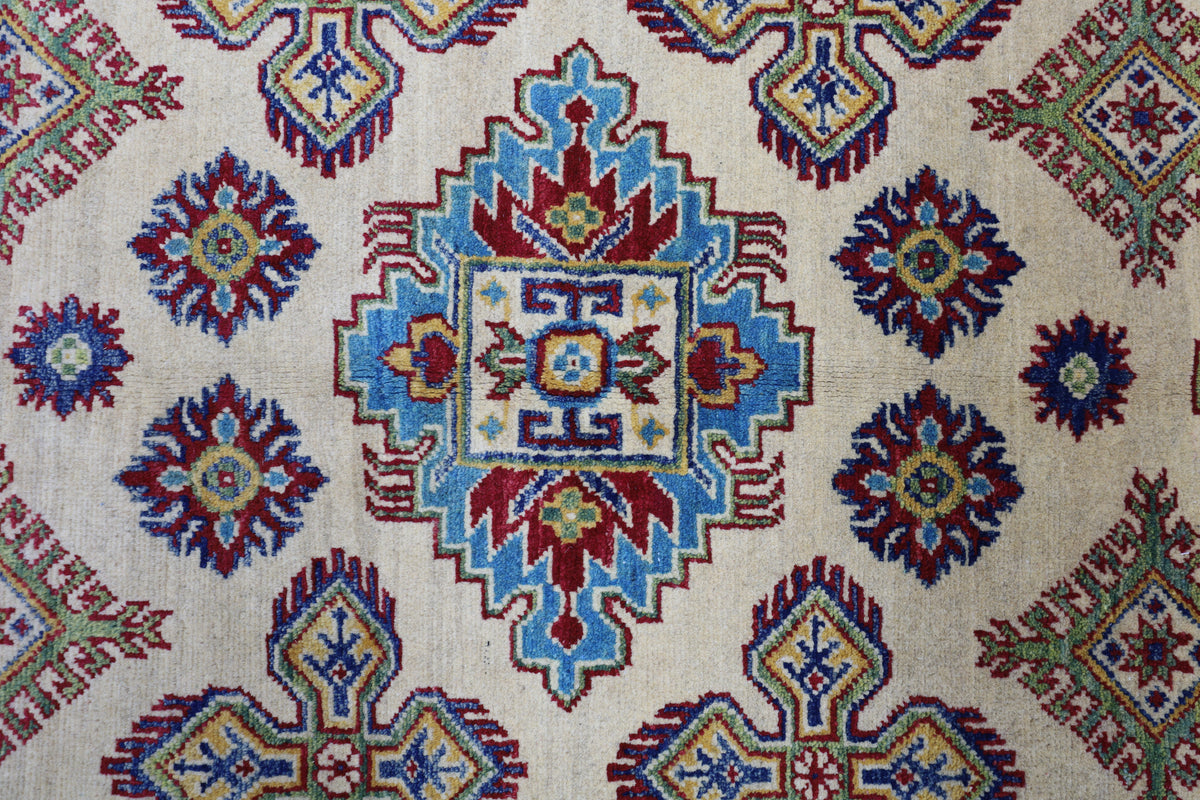 Afghan Kazak Rug 4'10" x 6'11", Hand-Knotted Wool, Cream, view 4