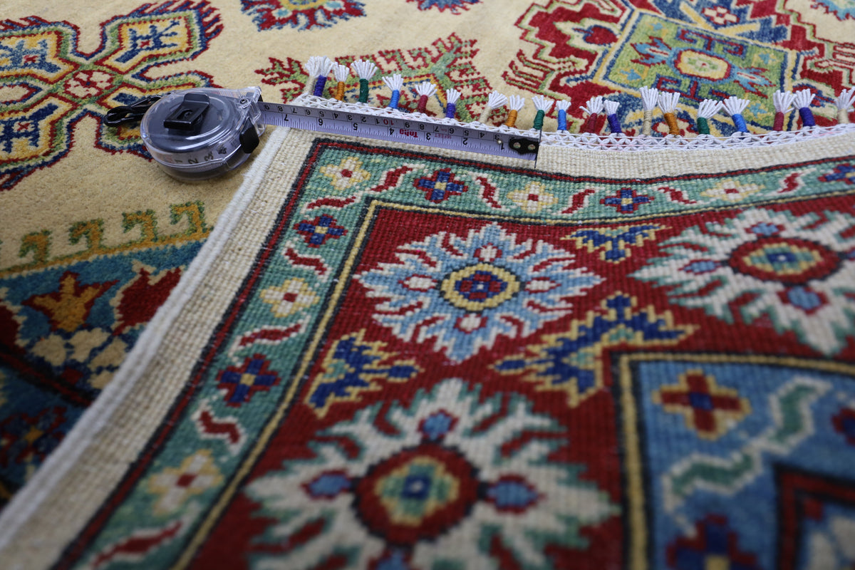 Afghan Kazak Rug 4'10" x 6'11", Hand-Knotted Wool, Cream, view 8