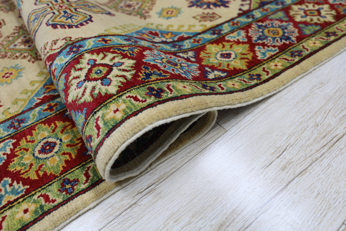 Afghan Kazak Rug 4'10" x 6'11", Hand-Knotted Wool, Cream, view 7