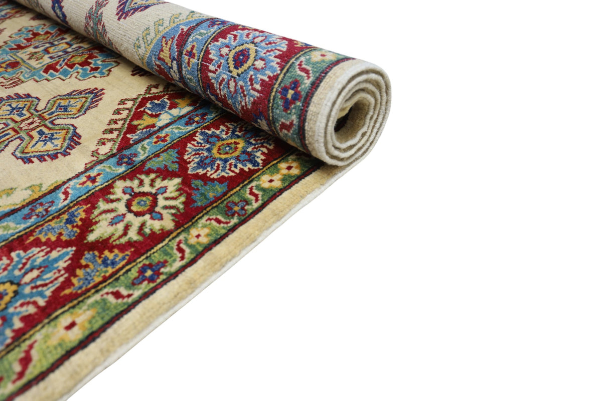 Afghan Kazak Rug 4'10" x 6'11", Hand-Knotted Wool, Cream, view 5