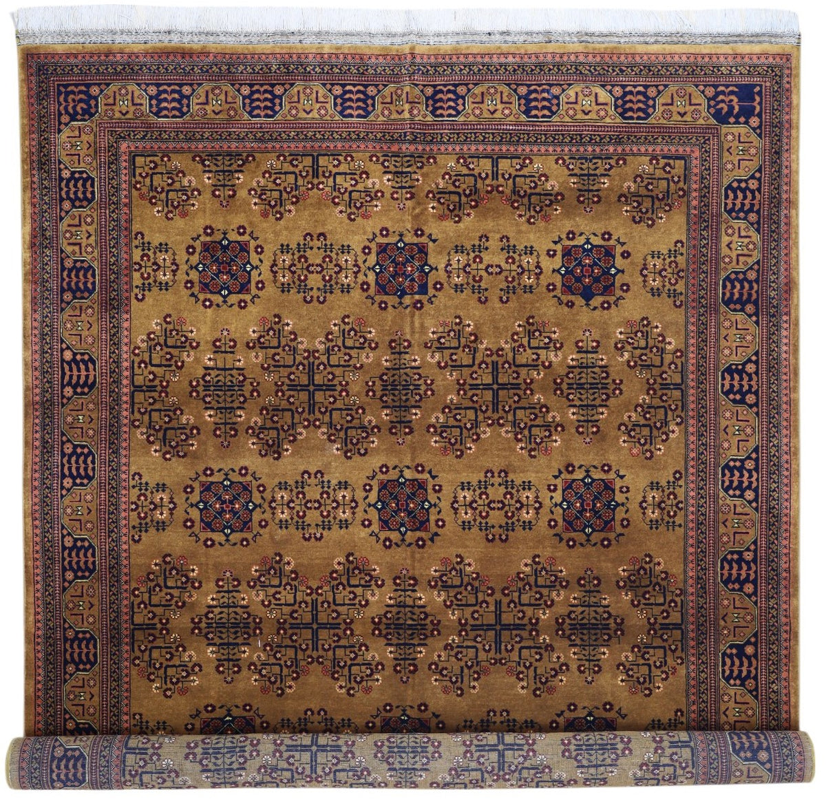 Afghan Turkmen Rug 7x10, Gold, Brown & Navy, Hand-Knotted Wool, view 5