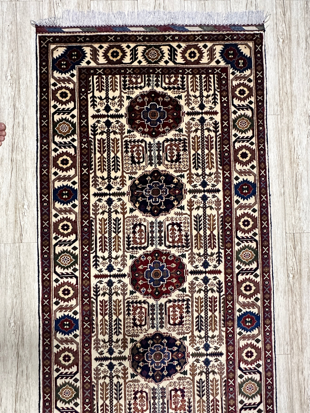 Afghan Gandom Runner 3'2" x 13'4", Hand-Knotted Wool, Beige, view 5