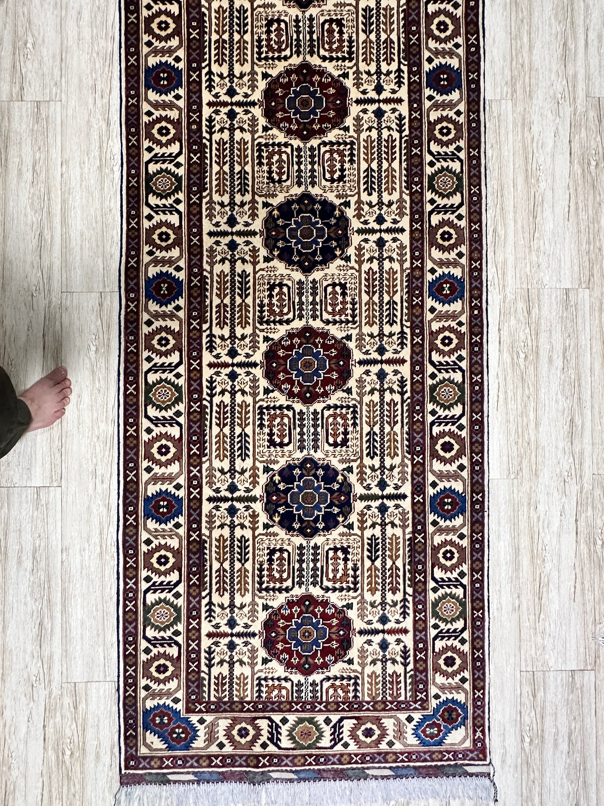 Afghan Gandom Runner 3'2" x 13'4", Hand-Knotted Wool, Beige, view 6