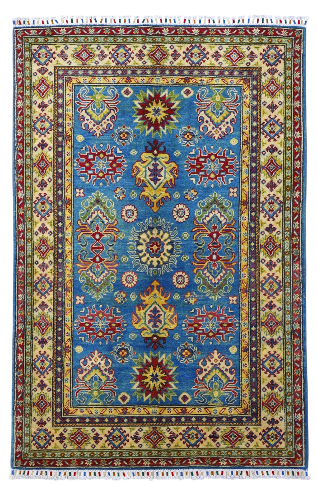 Afghan Kazak Tribal Rug 4x6, Light Blue, Gold, Red & Green, Hand-Knotted Wool