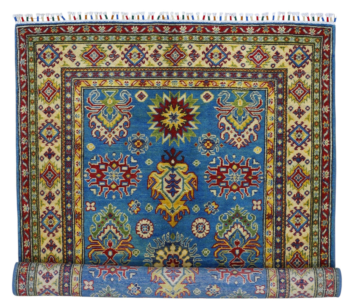 Afghan Kazak Tribal Rug 4x6, Light Blue, Gold, Red & Green, Hand-Knotted Wool, view 4