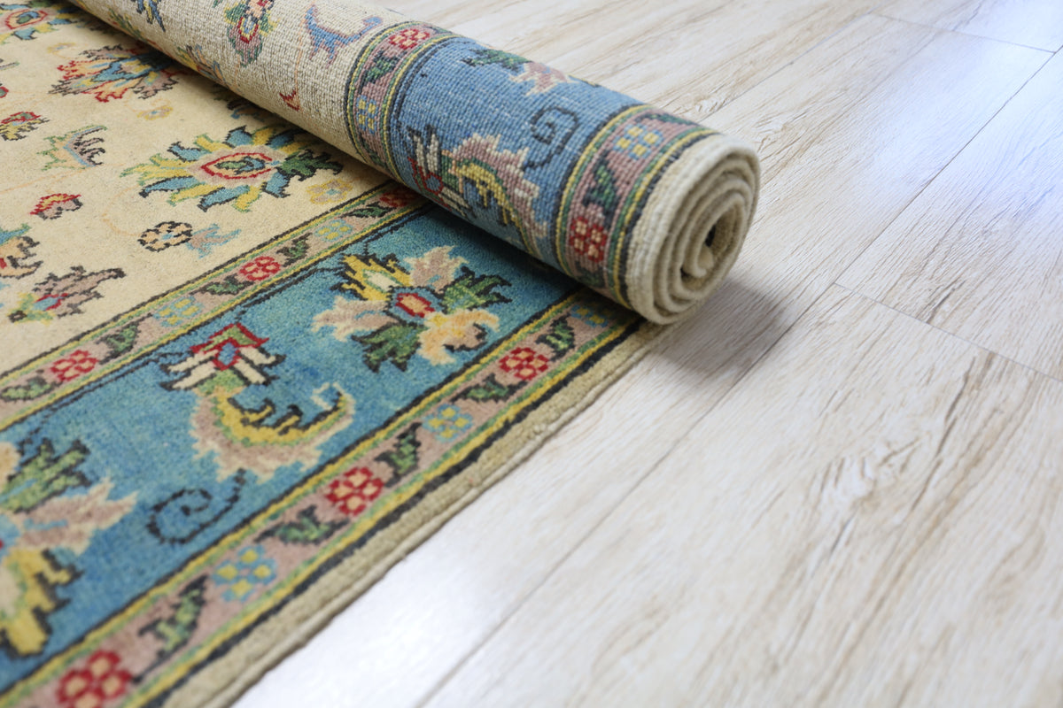 Afghani Rug 5x8 size range tribal Blue Cream laid flat
